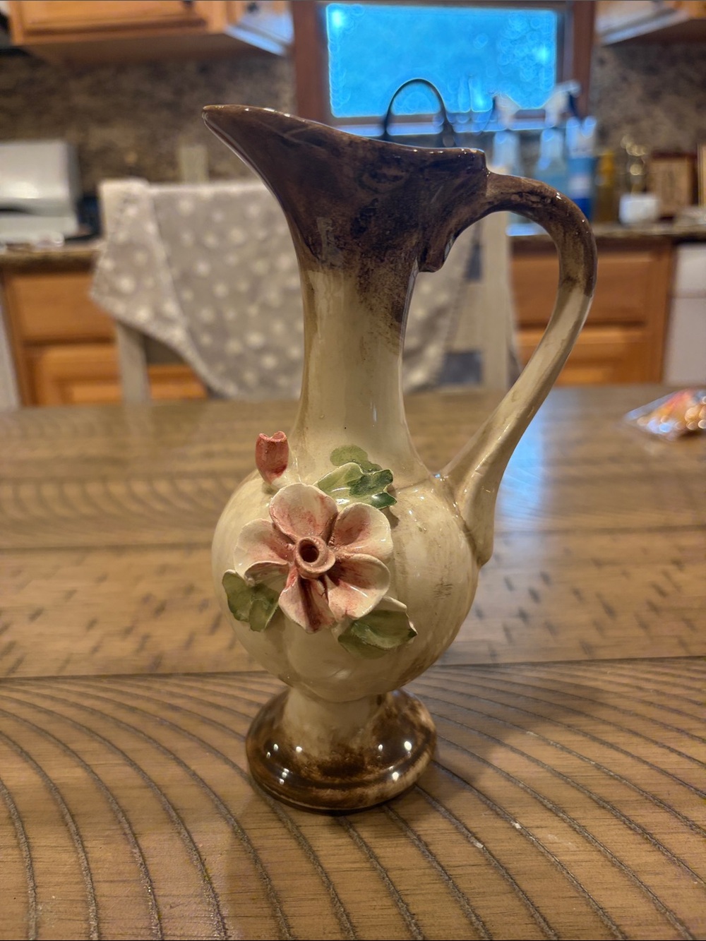 Capodimonte Italian Ceramic Floral Pitcher Vase - Cream and Brown